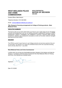 West Midlands Police and Crime Commissioner Notice of Decision