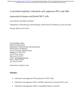 A Microbial Metabolite, Lithocholic Acid, Suppresses IFN-Γ and Ahr