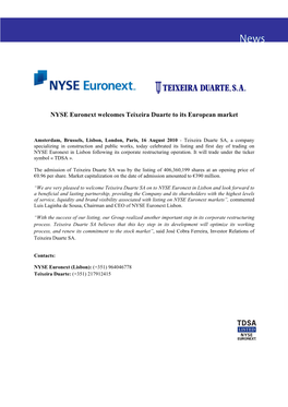 NYSE Euronext Welcomes Teixeira Duarte to Its European Market