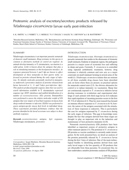 Teladorsagia Circumcincta Larval ES Products Analysis of Excretory/Secretory Products Released by Teladorsagia Circumcincta Larvae Early Post-Infection