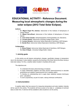 Reference Document. Measuring Local Atmospheric Changes During the Solar Eclipse (2012 Total Solar Eclipse)