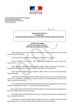 Vu Le Code Rural Et De La Pêche Maritime Notamment Le Titre II, Les Articles L.223-1 À L.223-8, Les Articles R.223-3 À R.223-8 ;