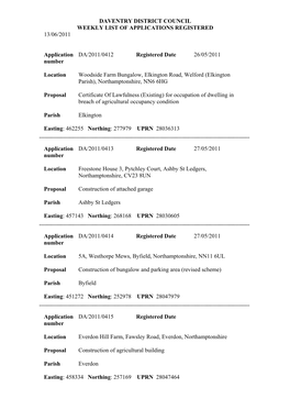 Daventry District Council Weekly List of Applications Registered 13/06/2011