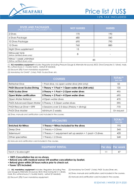 Price List / US$ 12% TAX INCLUDED