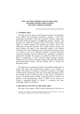 Emu and the Introduction of the Euro: Macroeconomic Implications for the Cypriot Economy