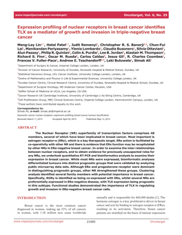 Expression Profiling of Nuclear Receptors in Breast Cancer Identifies TLX As a Mediator of Growth and Invasion in Triple-Negative Breast Cancer