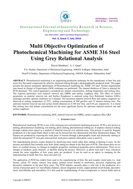 Multi Objective Optimization of Photochemical Machining for ASME 316 Steel Using Grey Relational Analysis