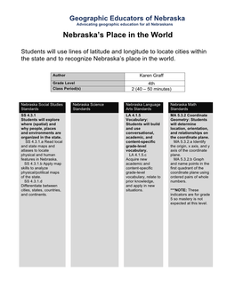 Latitude and Longitude to Locate Cities Within the State and to Recognize Nebraska’S Place in the World
