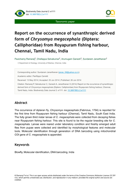 Report on the Occurrence of Synanthropic Derived Form of Chrysomya Megacephala (Diptera: Calliphoridae) from Royapuram Fishing Harbour, Chennai, Tamil Nadu, India