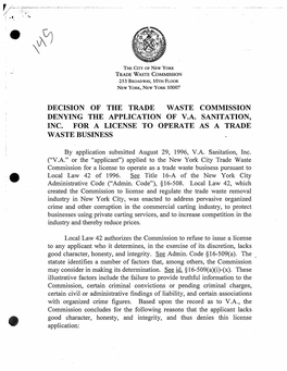 Decision of the Trade Waste Commission Denying the Application of V.A