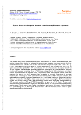 Sperm Features of Captive Atlantic Bluefin Tuna (Thunnus Thynnus)