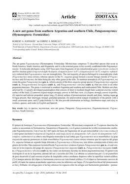 A New Ant Genus from Southern Argentina and Southern Chile, Patagonomyrmex (Hymenoptera: Formicidae)