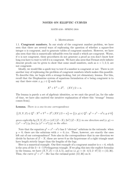 NOTES on ELLIPTIC CURVES 1. Motivation: 1.1. Congruent Numbers