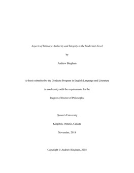 Authority and Integrity in the Modernist Novel by Andrew Bingham a Thesis