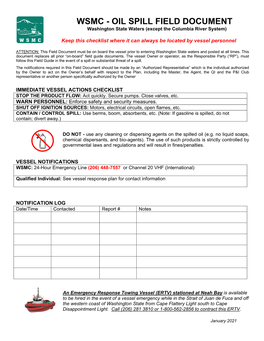 WSMC - OIL SPILL FIELD DOCUMENT Washington State Waters (Except the Columbia River System)