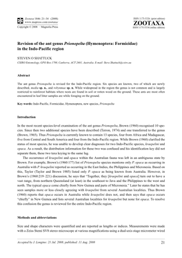 Zootaxa, Revision of the Ant Genus Prionopelta (Hymenoptera: Formicidae)