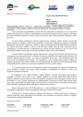 Segreterie Territoriali Varese Ecc.Mo Sig. Prefetto Di Varese Ill.Mo Signor