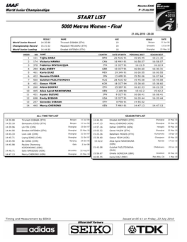 START LIST 5000 Metres Women - Final