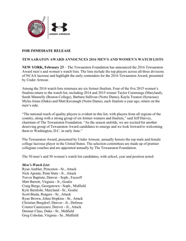 For Immediate Release Tewaaraton Award