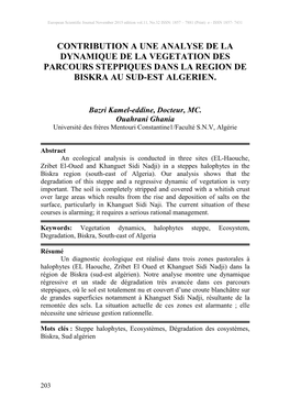 Contribution a Une Analyse De La Dynamique De La Vegetation Des Parcours Steppiques Dans La Region De Biskra Au Sud-Est Algerien