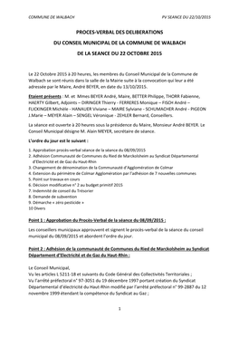 Proces-Verbal Des Deliberations Du Conseil Municipal De La Commune De Walbach De La Seance Du 22 Octobre 2015