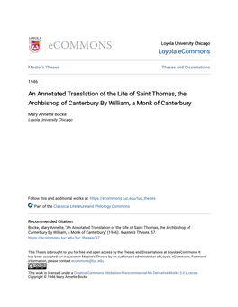 An Annotated Translation of the Life of Saint Thomas, the Archbishop of Canterbury by William, a Monk of Canterbury