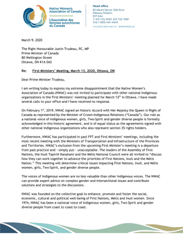 March 9, 2020 the Right Honourable Justin Trudeau, PC, MP Prime Minister of Canada 80 Wellington Street Ottawa, on K1A 0A2 Re: F