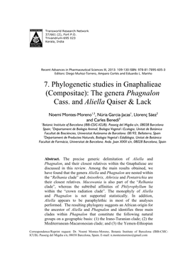 7. Phylogenetic Studies in Gnaphalieae (Compositae): the Genera Phagnalon Cass