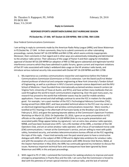 Dr. Theodore S. Rappaport, PE, N9NB February 20, 2018 PO BOX 888 Riner, VA 24149 Reply to Comments