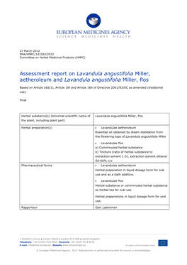 Assessment Report on Lavandula Angustifolia Miller, Aetheroleum and Lavandula Angustifolia Miller, Flos