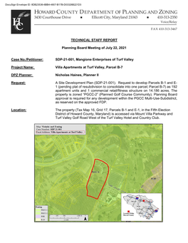 TECHNICAL STAFF REPORT Planning Board Meeting of July 22, 2021 Case No./Petitioner: SDP-21-001, Mangione Enterprises of Turf Va