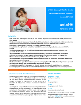 UNICEF Country Office for Croatia Earthquake Situation Report #3 January 13Th 2021