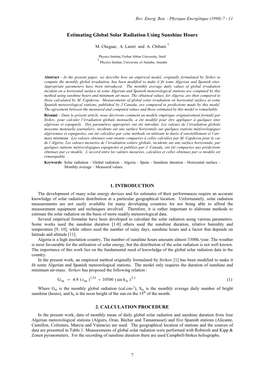 Estimating Global Solar Radiation Using Sunshine Hours