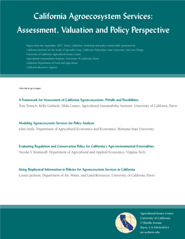 California Agroecosystem Services: Assessment, Valuation and Policy Perspective