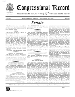 Congressional Record United States Th of America PROCEEDINGS and DEBATES of the 112 CONGRESS, SECOND SESSION