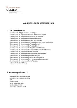ADHESIONS AU 31 DECEMBRE 2020 1. EPCI Adhérents