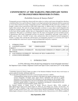 CONFINEMENT at the MARGINS: PRELIMINARY NOTES on TRANSGENDER PRISONERS in INDIA Deekshitha Ganesan & Saumya Dadoo*