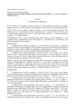 Comune Di Cartosio (Alessandria) Approvazione Del Progetto Definitivo Di Variante Parziale Al P.R.G.C