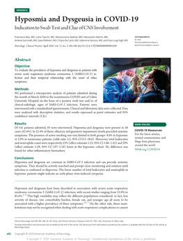 Hyposmia and Dysgeusia in COVID-19 Indication to Swab Test and Clue of CNS Involvement