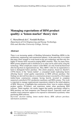 Managing Expectations of BIM Product Quality: a 'Lemon Market'