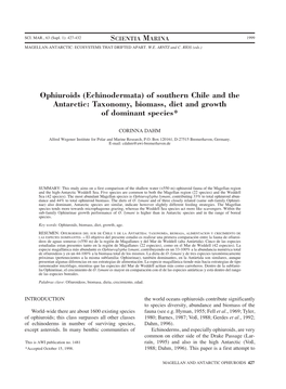 Ophiuroids (Echinodermata) of Southern Chile and the Antarctic: Taxonomy, Biomass, Diet and Growth of Dominant Species*