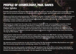 PROFILE of COSMOLOGIST, PAUL DAVIES Peter Spinks