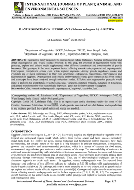 PLANT REGENERATION in EGGPLANT (Solanum Melongena L.) a REVIEW