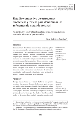 Estudio Contrastivo De Estructuras Sintácticas Y Léxicas Para Denominar Los Referentes De Notas Deportivas*1