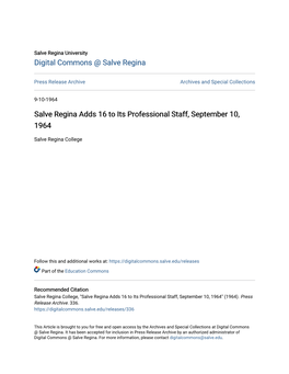 Salve Regina Adds 16 to Its Professional Staff, September 10, 1964