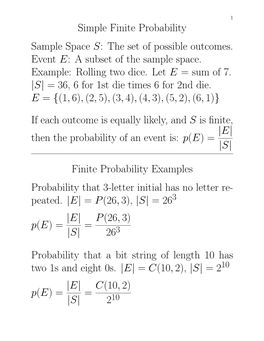 Simple Finite Probability Sample Space S: the Set of Possible Outcomes