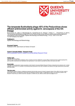 The Temperate Burkholderia Phage AP3 of the Peduovirinae Shows Efficient Antimicrobial Activity Against B. Cenocepacia of the II