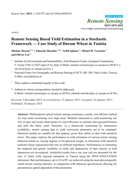 Remote Sensing Based Yield Estimation in a Stochastic Framework — Case Study of Durum Wheat in Tunisia