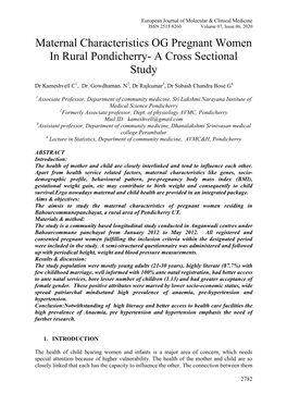 Maternal Characteristics OG Pregnant Women in Rural Pondicherry- a Cross Sectional Study