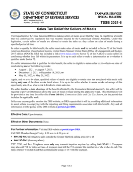 STATE of CONNECTICUT Sales Tax Relief for Sellers of Meals TSSB